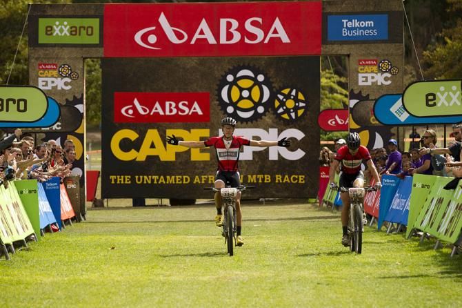 Matthys Beukes and Philip Buys of Scott Factory Racing celebrate extending their lead in the African Leaders category