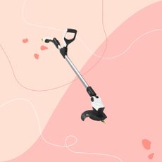 gtech gt50 grass trimmer on a pink graphic background 2000x2000