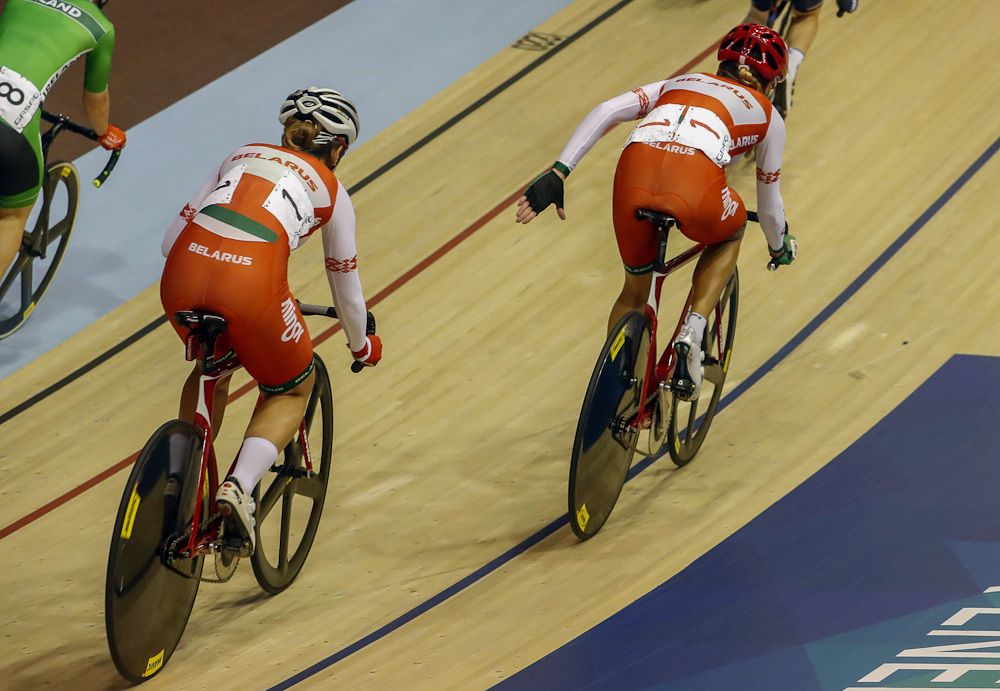 Belarus riders compete in the women's Madison
