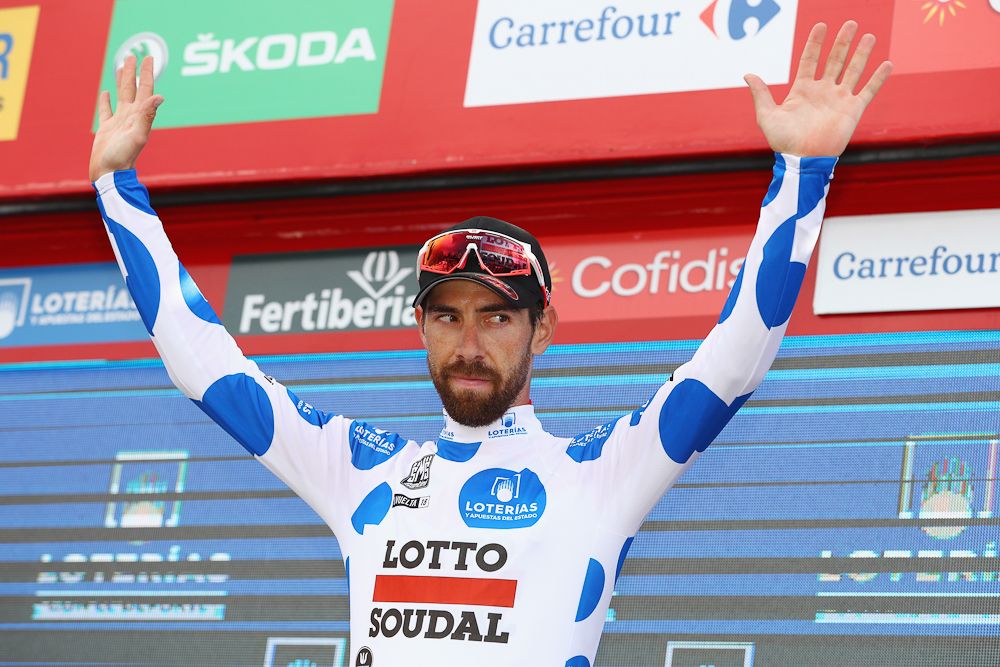 Thomas De Gendt in the mountains jersey after stage 19 at the Vuelta