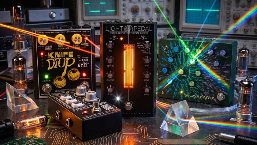 A selection of guitar pedals in front of radio testing equipment