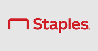 The Staples logo in red and on a gray background.