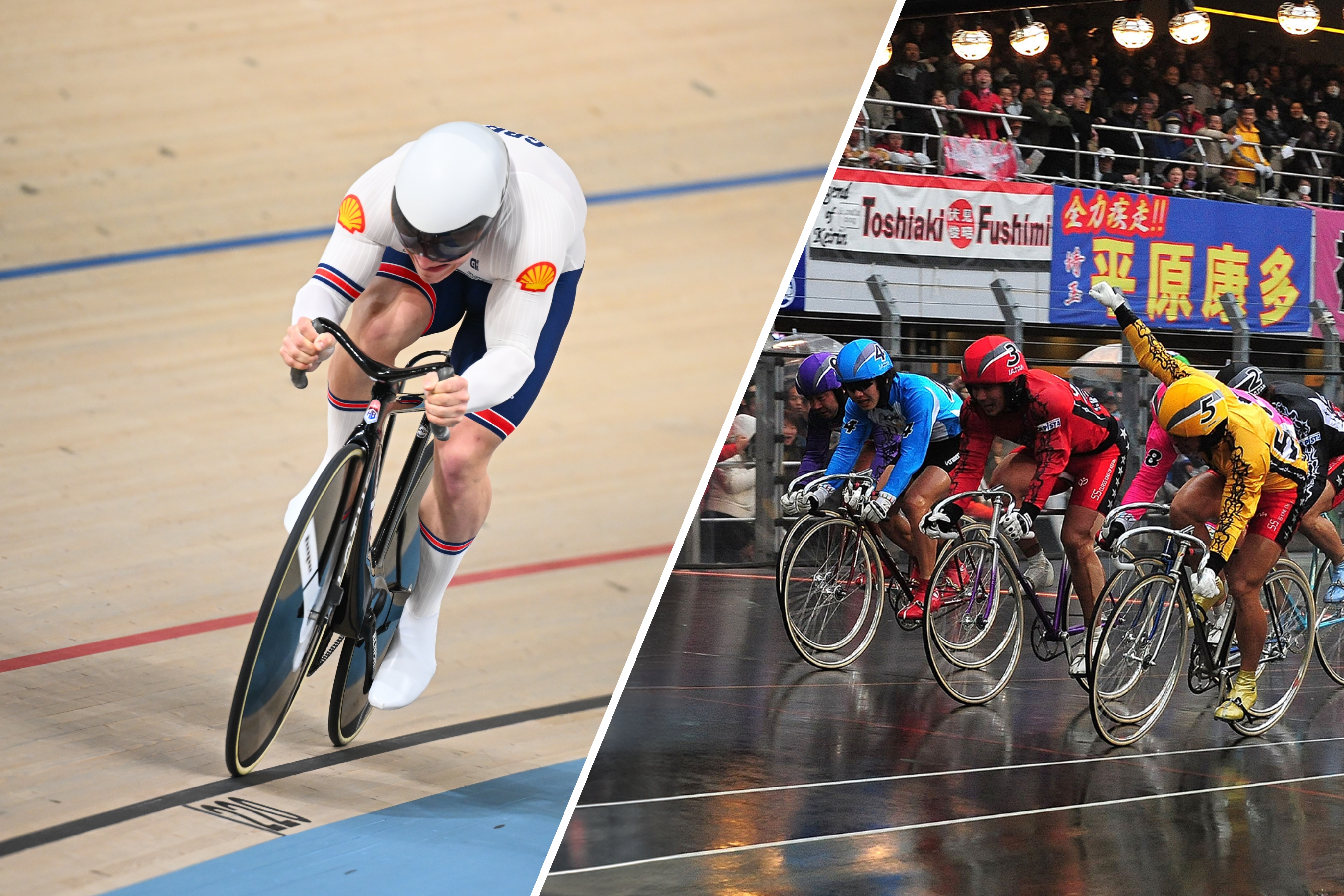 Matthew Richardson racing in a GB kit next to a picture of riders competing in a japanese keirin race