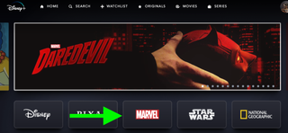 An Arrow points to the Marvel button in Disney Plus, under the Daredevil logo