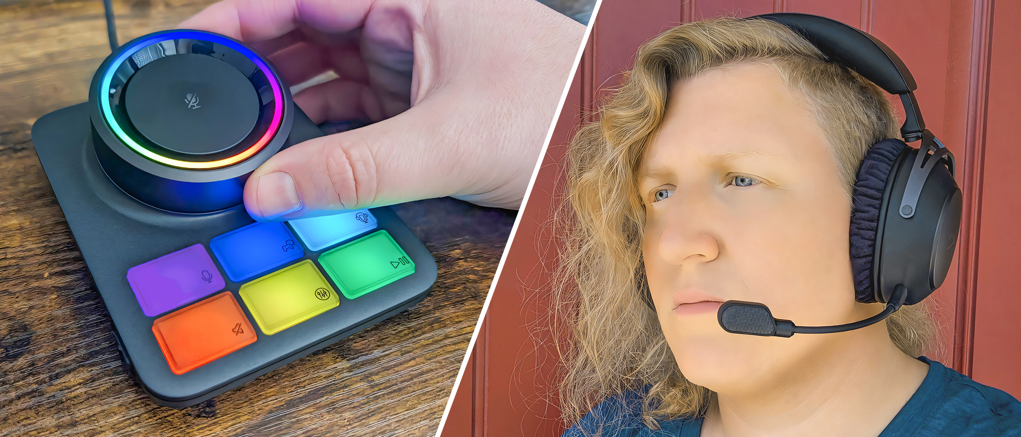 A hand touching the RGB Base Station on the left side and then an image of a woman wearing the HyperX Cloud Alpha 2 Wireless on the right.