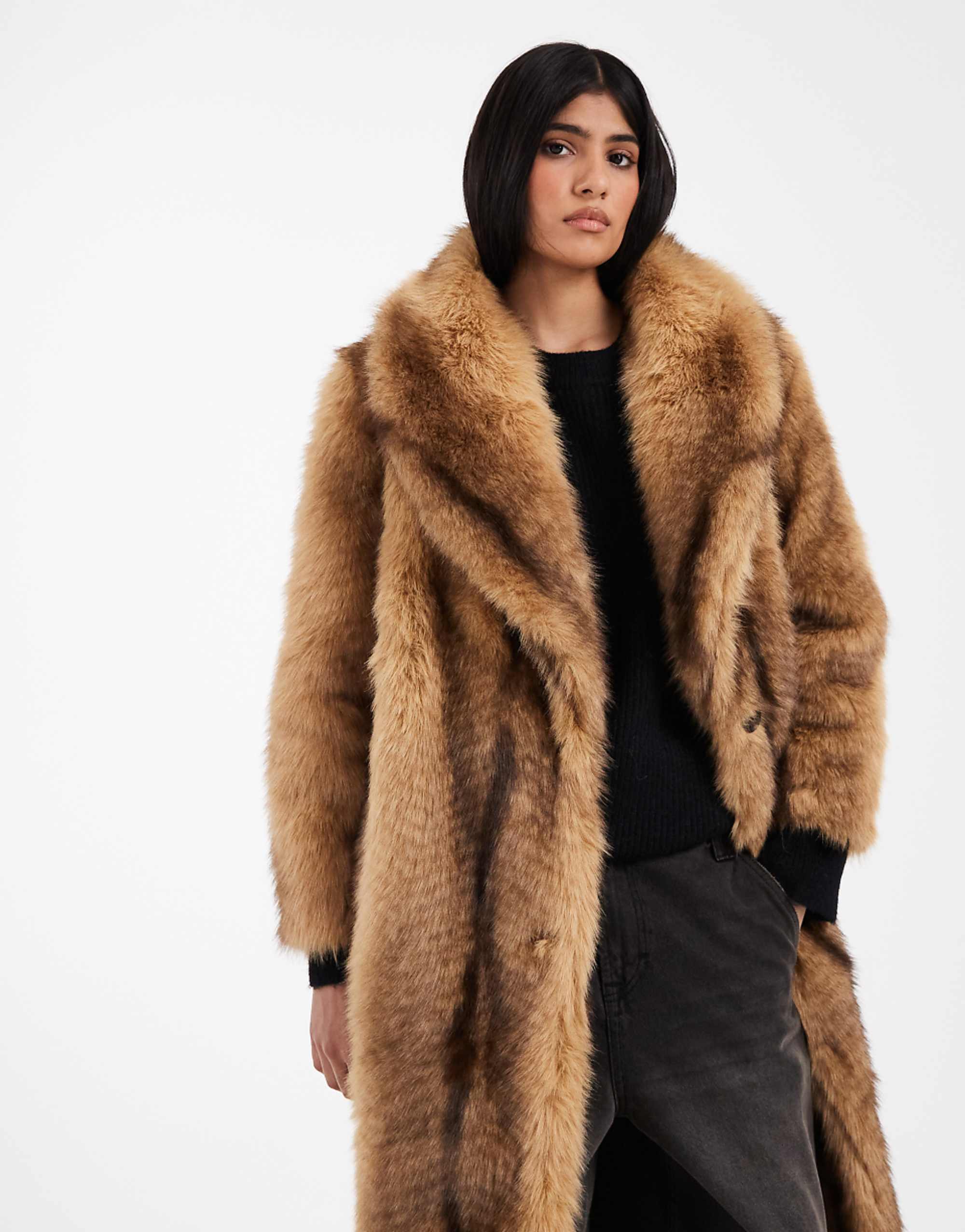 Asos Design Midi Faux Fur Coat in Orange Stripes