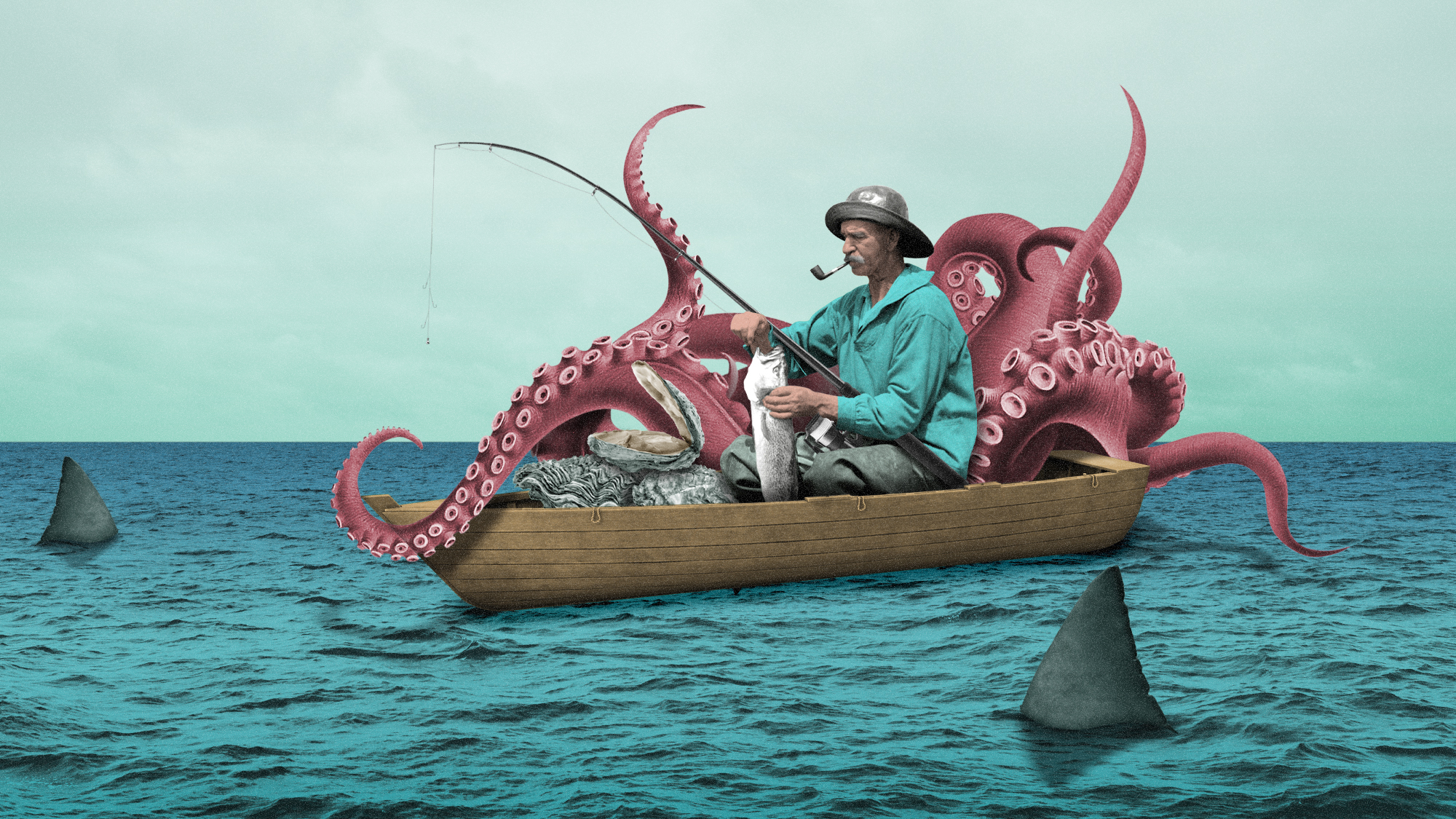 Photo composite of a fisherman with a boat of oysters, surrounded by octopus and sharks