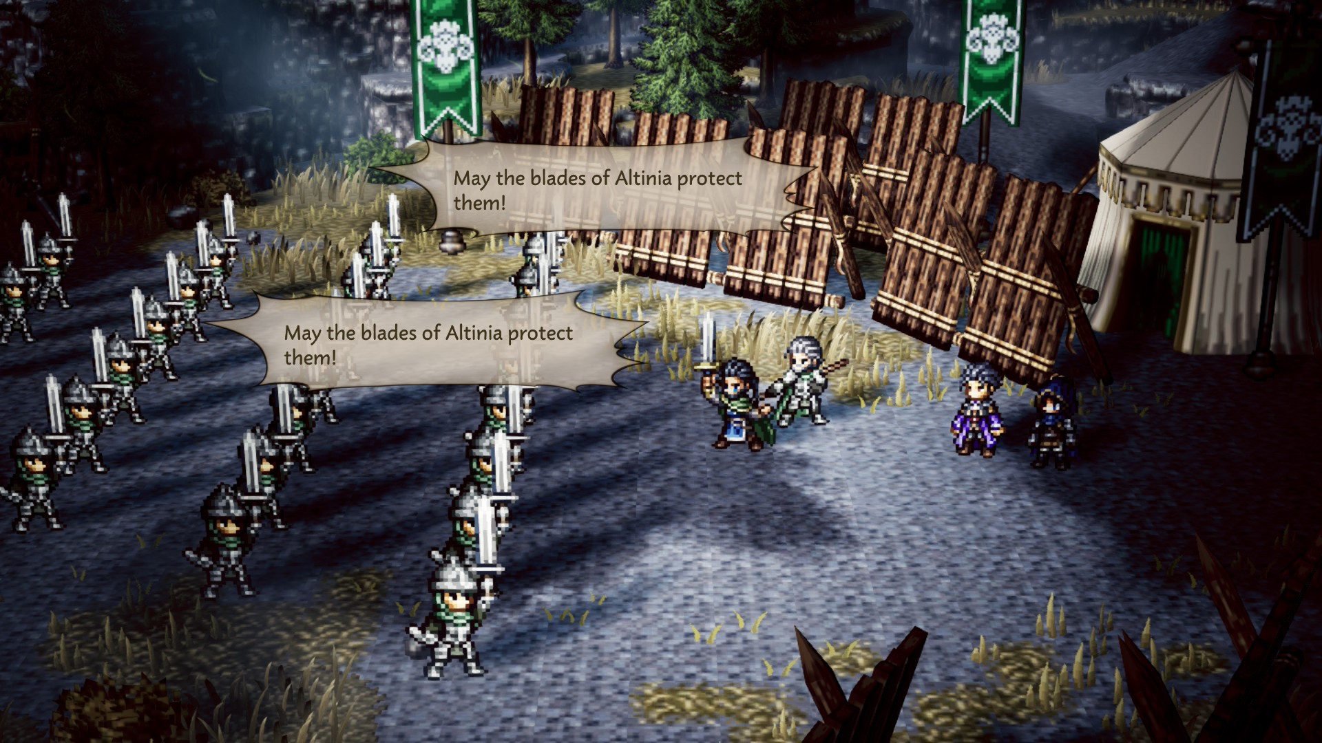 Soldiers shout &quot;May the Blades of Altinia protect them!&quot; in Octopath Traveler 0
