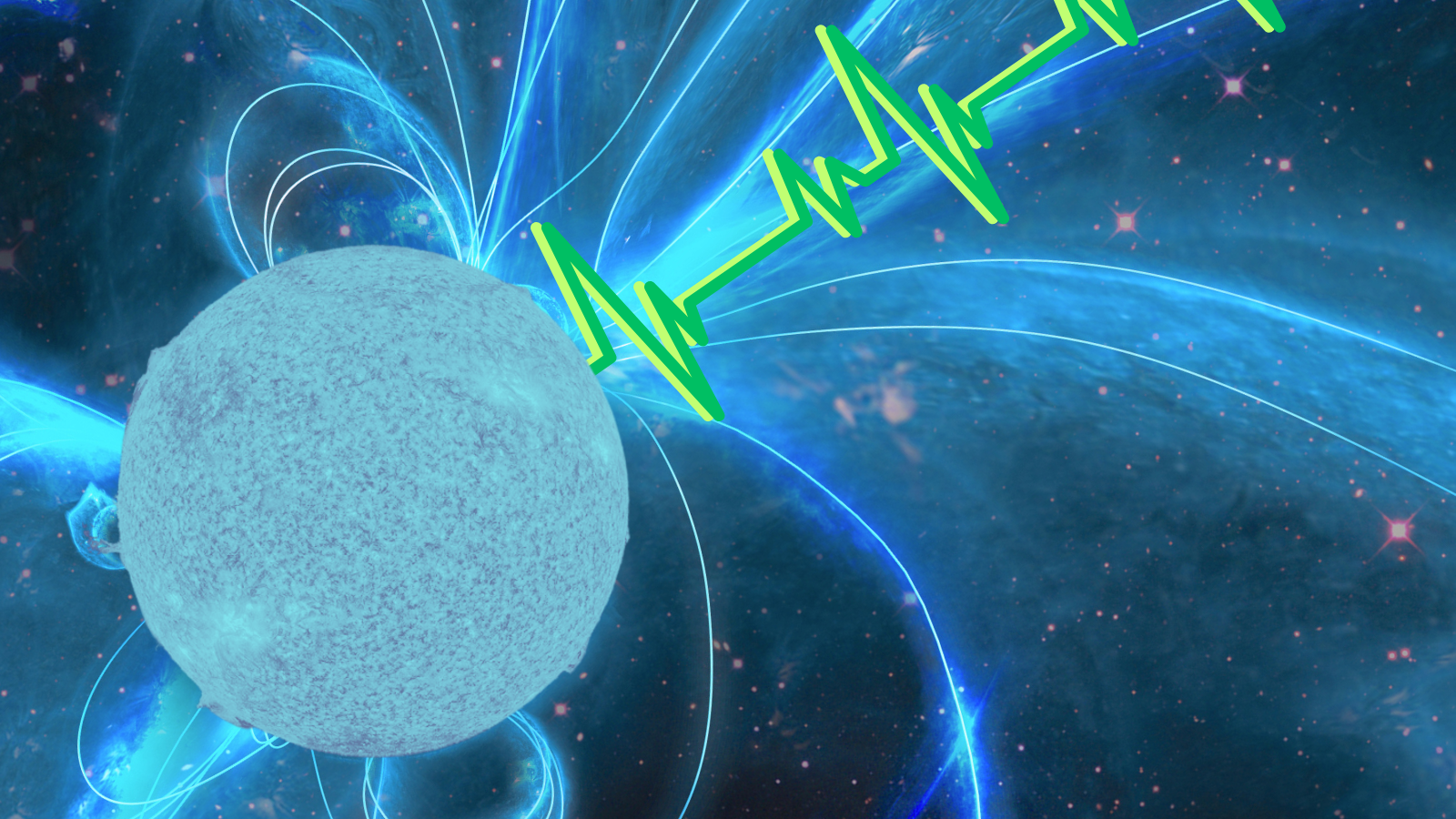 A light blue sphere from which a jagged green line is emerging