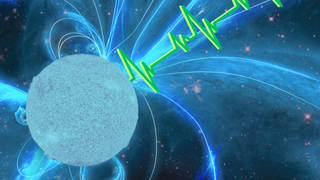 An illustration shows a neutron star pulsar blasting out fast radio burst.