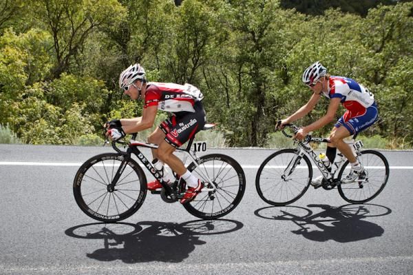 Jai Crawford (Fly V Australia) leads break away companion Marc de Maar (UnitedHealthcare) lower on the climb.