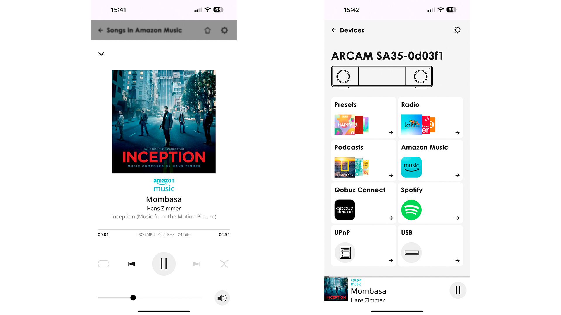 Arcam SA35 music streamer app on two smartphone screens