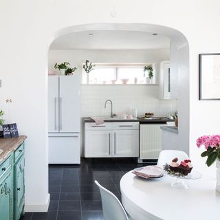 kitchen with white walls and white cabinet