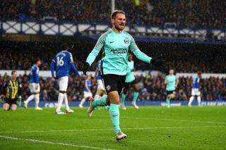 Alexis Mac Allister of Brighton & Hove Albion celebrates after scoring their sides first goal during the Premier League match between Everton and Brighton & Hove Albion at Goodison Park on January 02, 2022 in Liverpool, England.