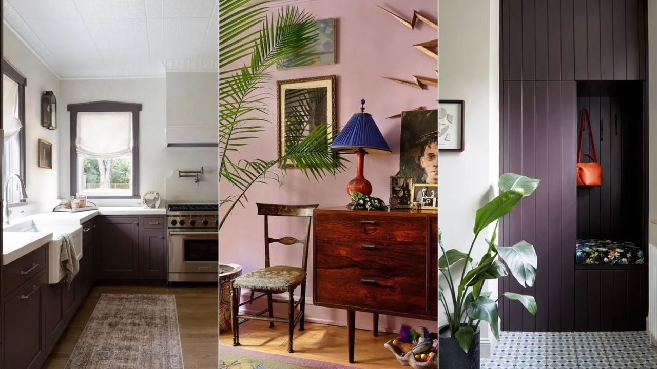 kitchen with purple cabinets, corner of living room with light purple wall, cabinetry painted dark purple