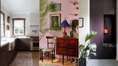 kitchen with purple cabinets, corner of living room with light purple wall, cabinetry painted dark purple