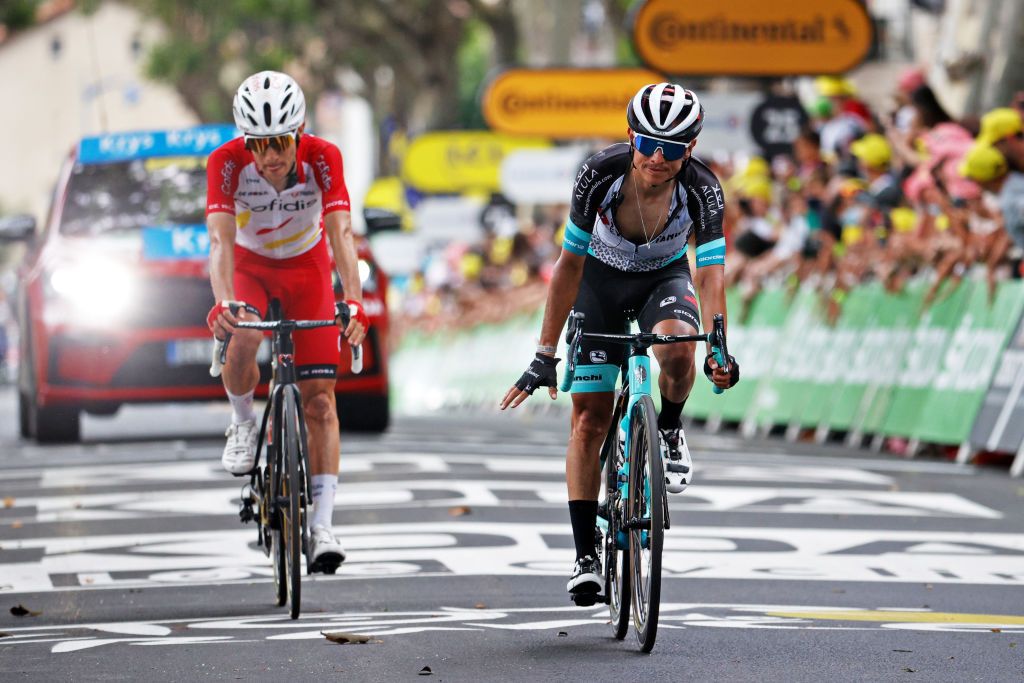 QUILLAN FRANCE JULY 10 Guillaume Martin of France and Team Cofidis Esteban Chaves of Colombia and Team BikeExchange at arrival during the 108th Tour de France 2021 Stage 14 a 1837km stage from Carcassonne to Quillan LeTour TDF2021 on July 10 2021 in Quillan France Photo by Chris GraythenGetty Images