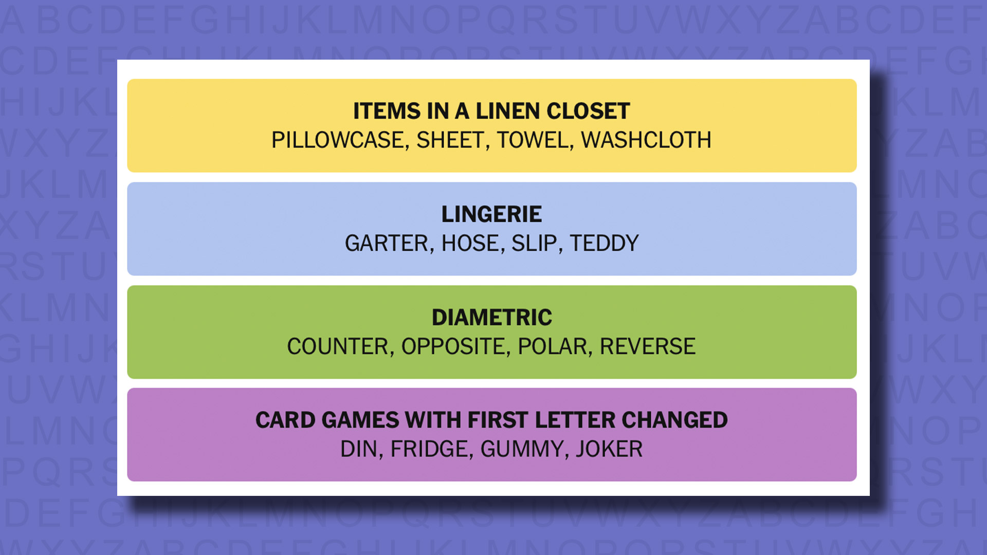 NYT Connections answers for game 715 on a purple background