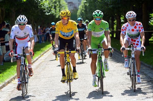 The Tour's jersey holders at the head of the peloton (l-r): Tejay van Garderen, best young rider; Bradley Wiggins, overall leader; Peter Sagan, points leader; Thomas Voeckler, mountains leader