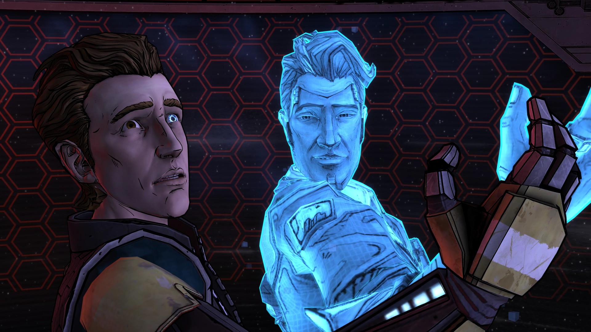 Still from the video game Tales from the Borderlands. Close up of a man holding up his right hand and then just in front of him is a blue hologram copy of himself doing the same gesture.