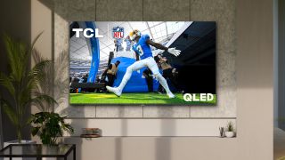 TCL Q6 TV on brown wall with fern next to it 