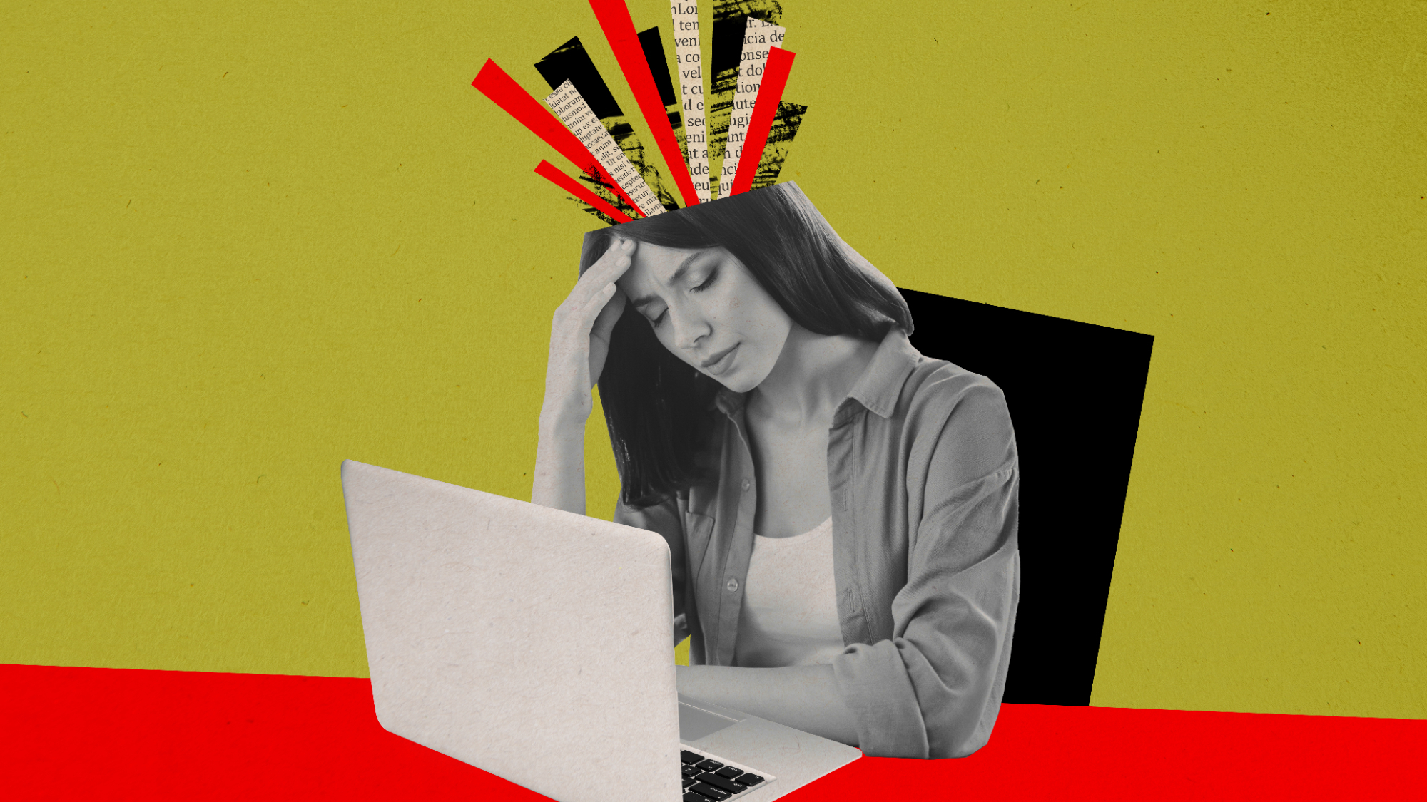 Trend artwork sketch image composite 3D photo collage of silhouette tired headache overworked lady