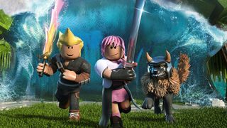 Tres personajes de Roblox corriendo hacia la pantalla