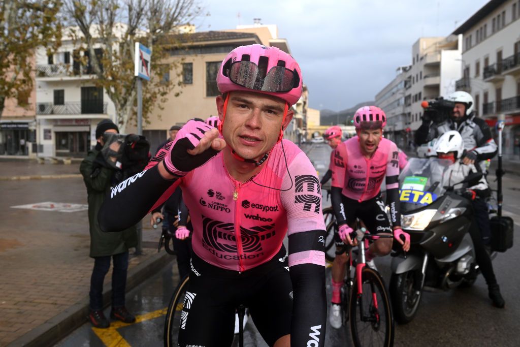 ALCUDIA SPAIN JANUARY 26 Marijn van den Berg of The Netherlands and Team EFEasyPost celebrates at finish line as race winner during the 32nd Challenge Ciclista Mallorca 2023 Trofeo Ses Salines Alcdia a 1586km one day race from Ses Salines to Por DAlcdia ChallengeMallorca on January 26 2023 in Alcudia Spain Photo by Dario BelingheriGetty Images