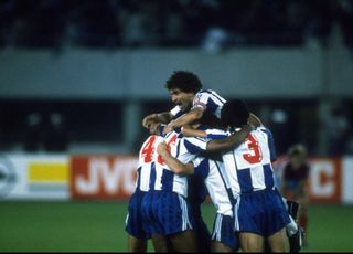 Porto players celebrate a goal against Bayern Munich in the 1987 European Cup final.