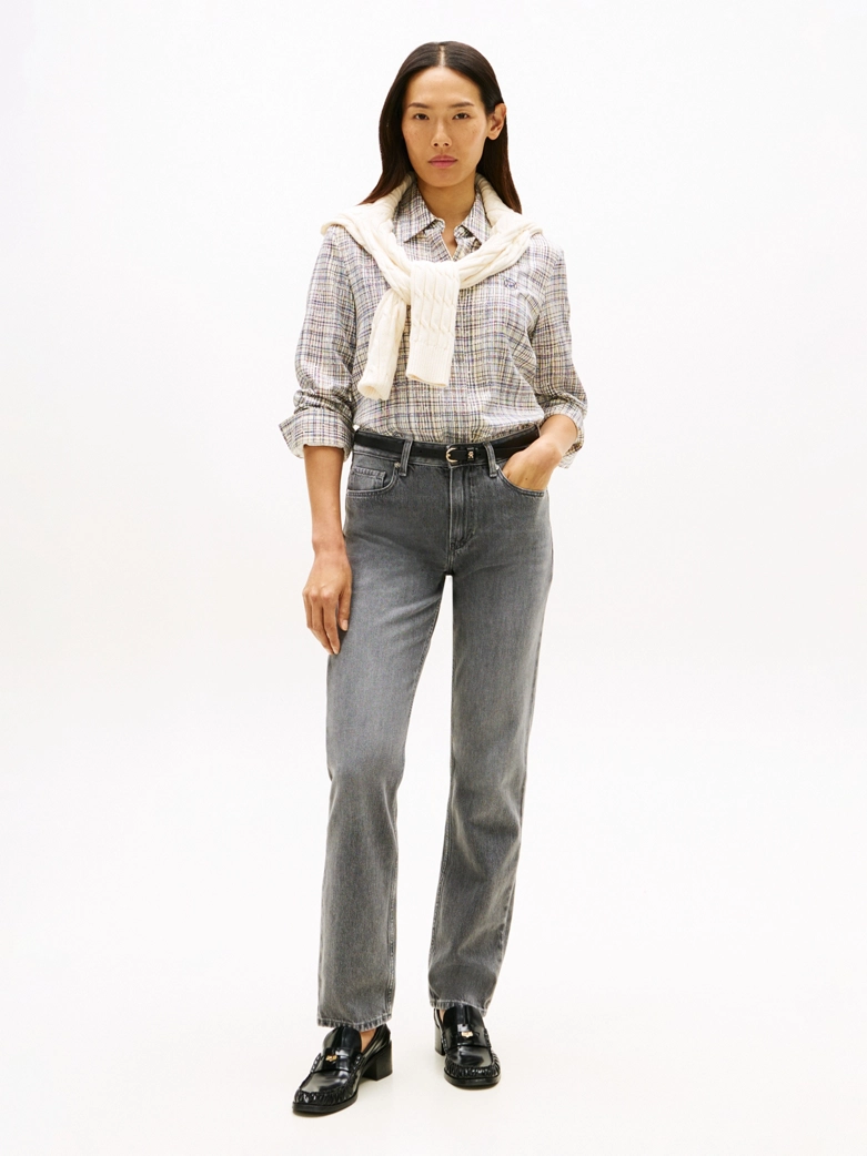 Whiskered Mid Rise Straight Leg Jeans