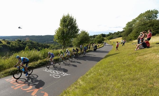 David Millar Team Garmin Sharp makes a break on Box Hill in the final 30km of the race.