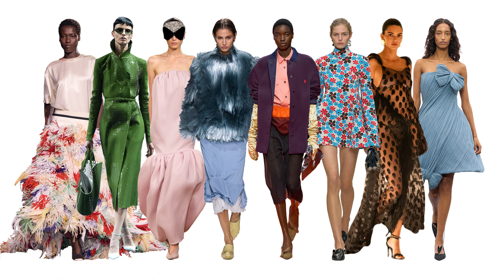 A photo of 8 models from the spring/summer 2026 runway shows against a white background