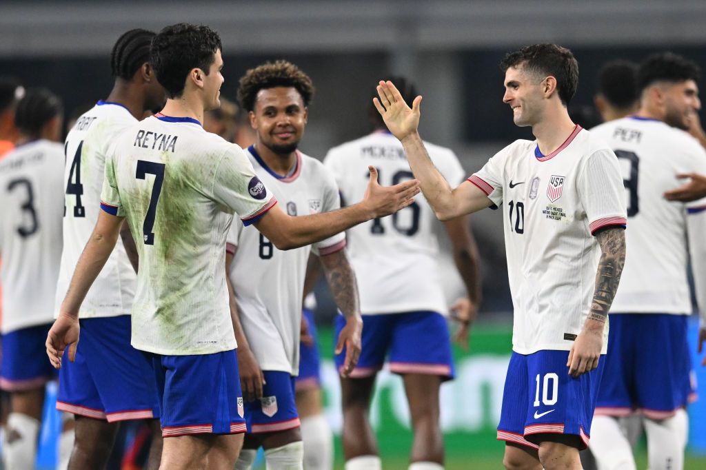 Christian Pulisic #10, Weston McKennie #8 and Gio Reyna #7 of the United States celebrate after the Concacaf Nations League final match between Mexico and USMNT at AT&amp;T Stadium on March 24, 2024 in Arlington, Texas. (Photo by Stephen Nadler/ISI Photos/USSF/Getty Images for USSF)