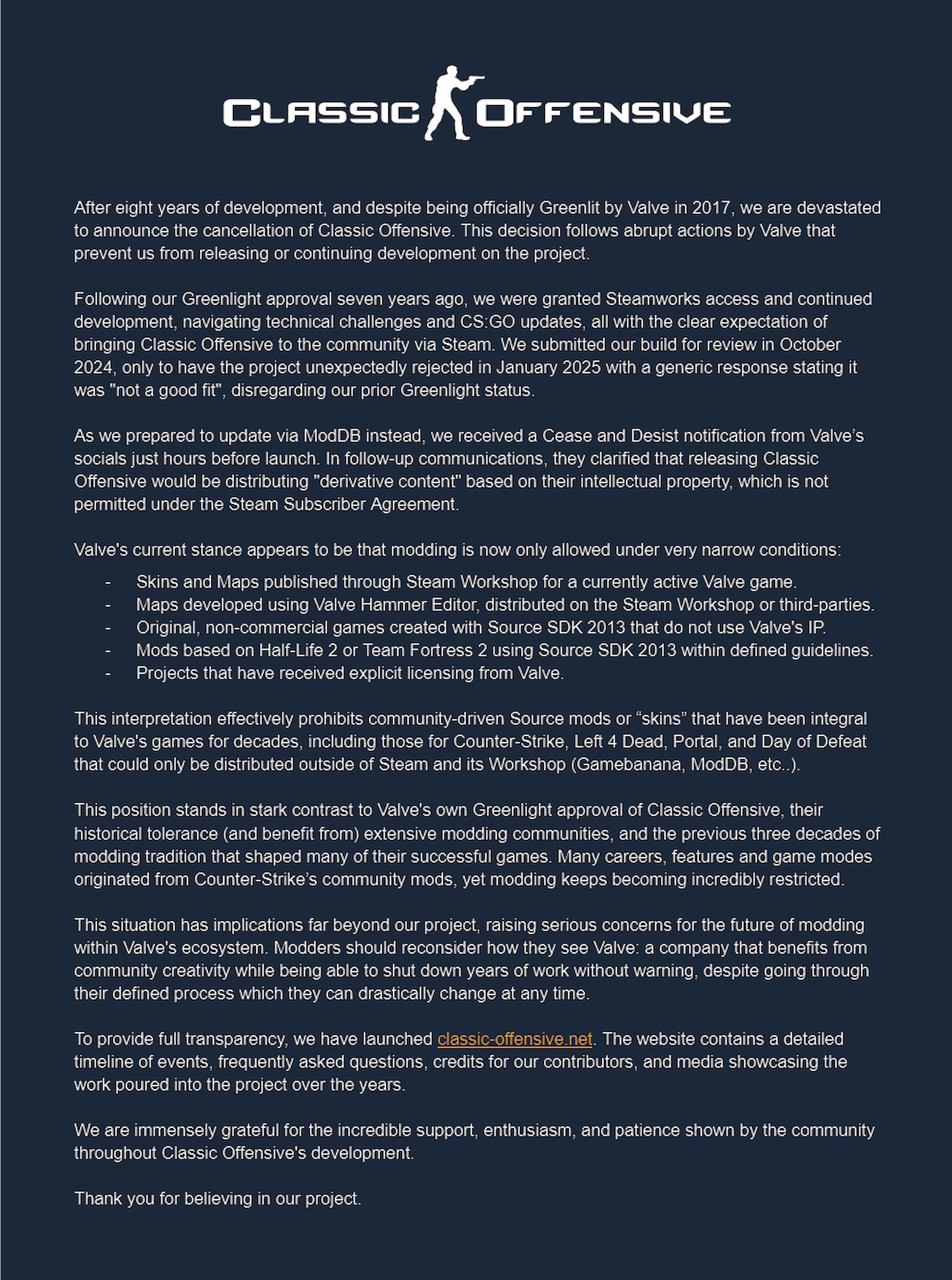 Classic Offensive cancellation notice