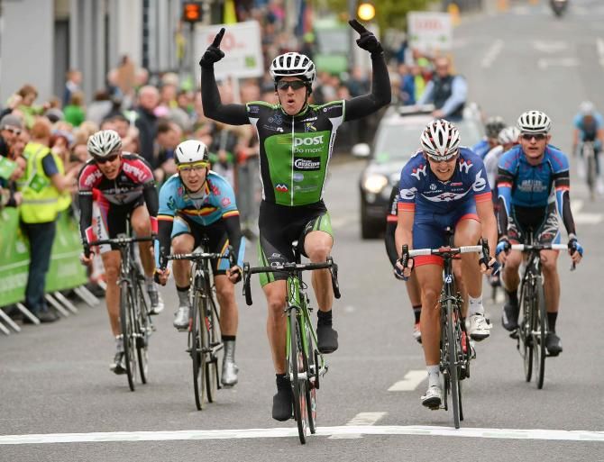 Shane Archbold (An Post Chain Reaction) claims Stage 2 of the Ras ahead of Marcin Bialoblocki (UK Youth) and Jasper De Buyst (Belgium National Team)
