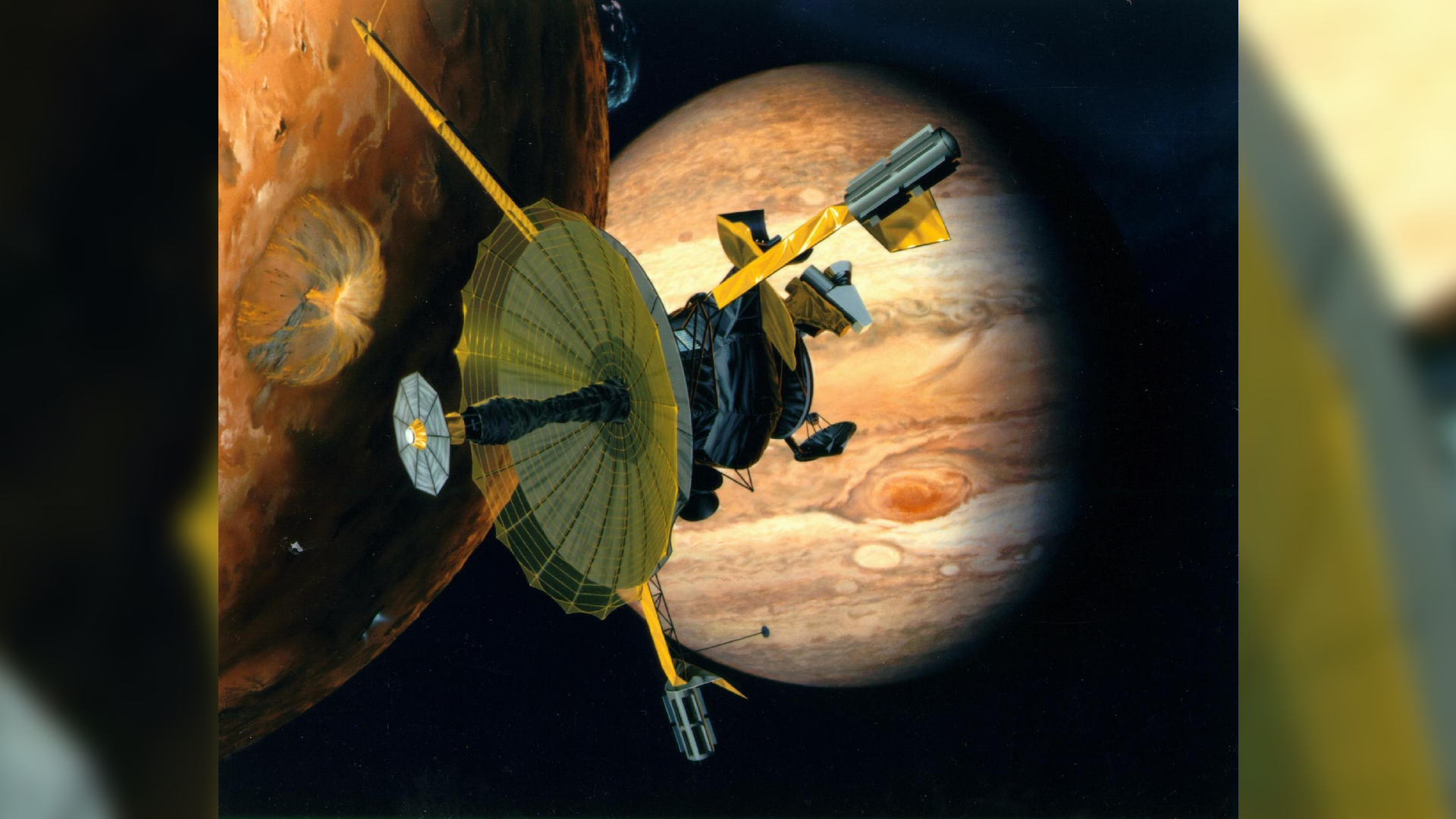 Artist rendering of NASA Galileo spacecraft flying past Jupiter moon Io.