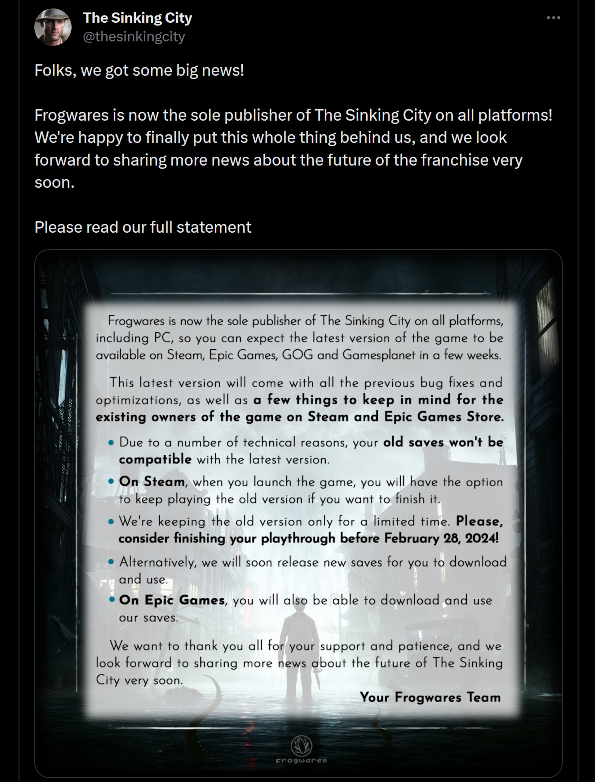 Folks, we got some big news! Frogwares is now the sole publisher of The Sinking City on all platforms! We're happy to finally put this whole thing behind us, and we look forward to sharing more news about the future of the franchise very soon. Please read our full statement