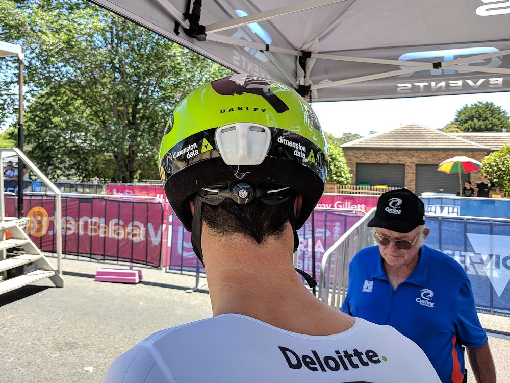 The rear of the Oakley AR07 time trial helmet in Team Dimension Data colours