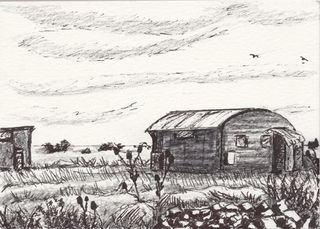 Black and white drawing of a barn in a field