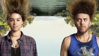 Milly Alcock in a check shirt as Meg and Tim Minchin as Lucky have their hair standing on end in front of an upside-down landscape of a river in Upright