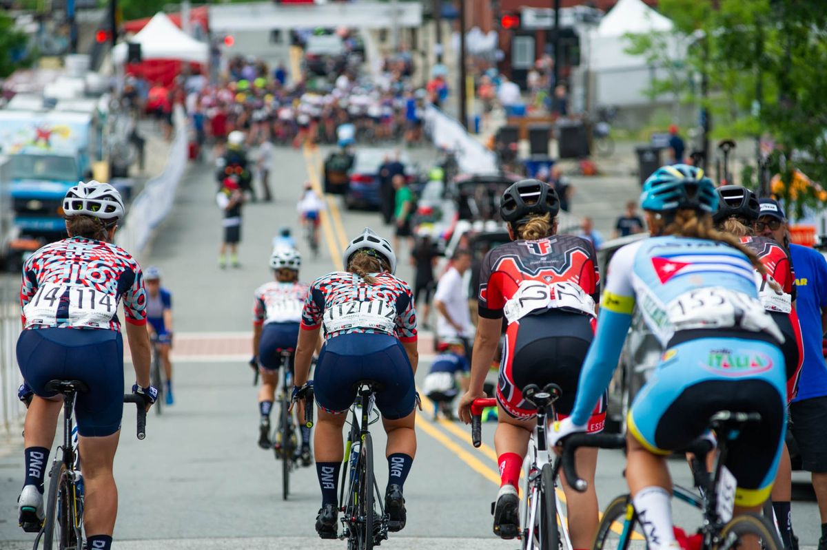 Riders roll to the start of the road race at the Winston-Salem Cycling Classic