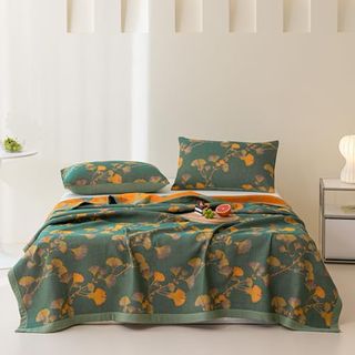 Purefair 100% Cotton Jacquard Quilt Floral Ginkgo Leaves Print,soft Muslin Bed Cover 3 Layers Reversible Bedspread Coverlet Breathable Lightweight Bedding,king(98