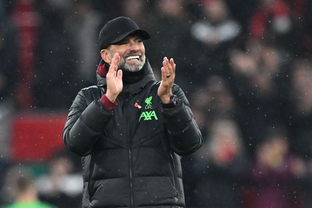 Liverpool&#039;s German manager Jurgen Klopp reacts to their win after the English Premier League football match between Liverpool and Brentford at Anfield in Liverpool, north west England on November 12, 2023. Liverpool won the game 3-0.