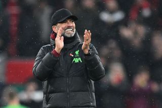 Liverpool's German manager Jurgen Klopp reacts to their win after the English Premier League football match between Liverpool and Brentford at Anfield in Liverpool, north west England on November 12, 2023. Liverpool won the game 3-0.