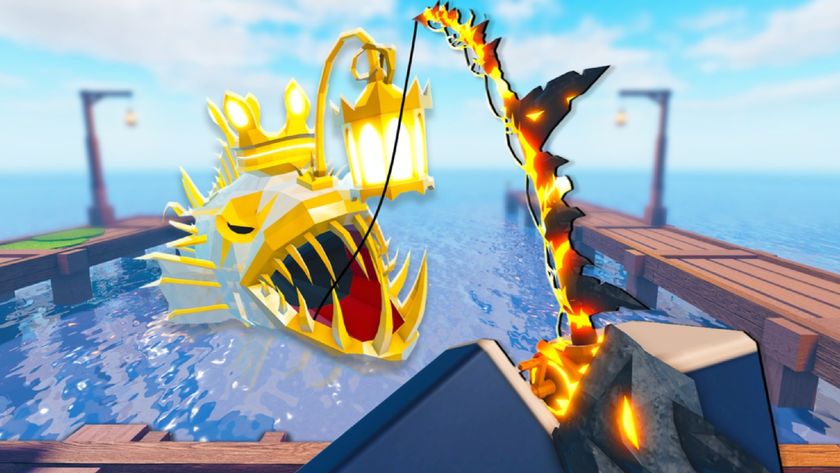 Fisch - a white and yellow giant fish on a flaming fishing rod line held by a player