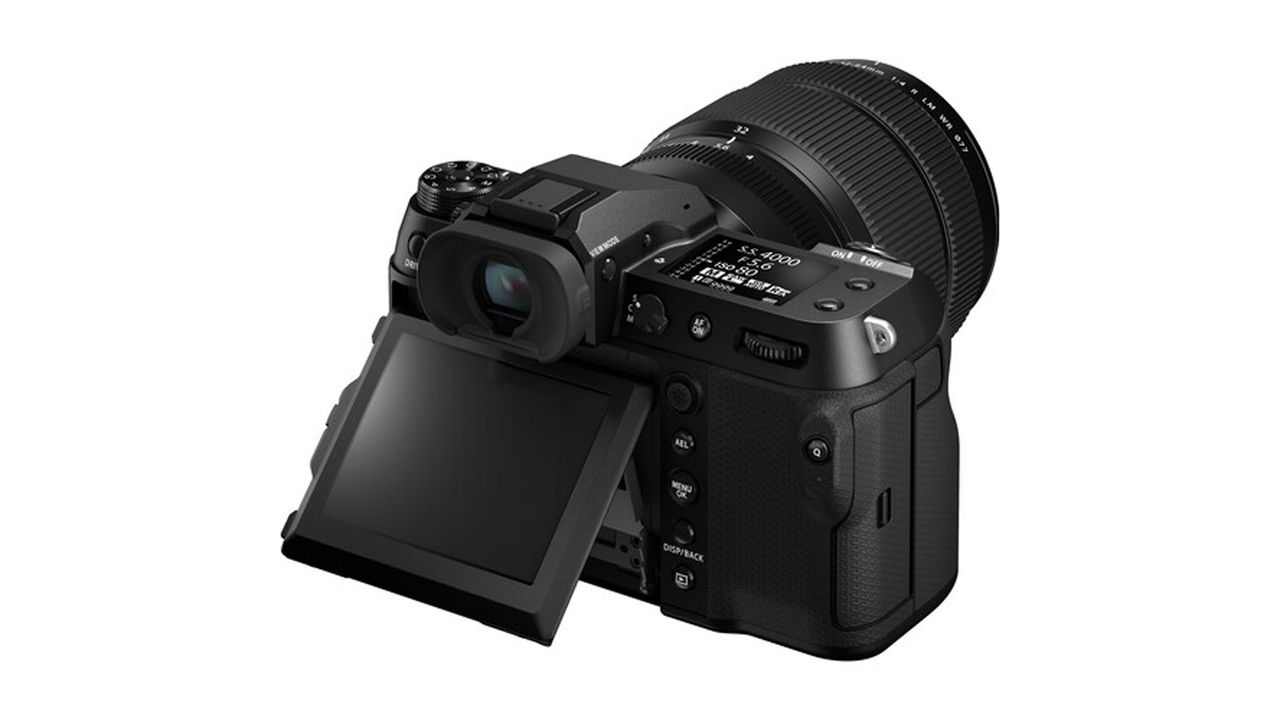 The Fujifilm GFX100S II with its screen tilted
