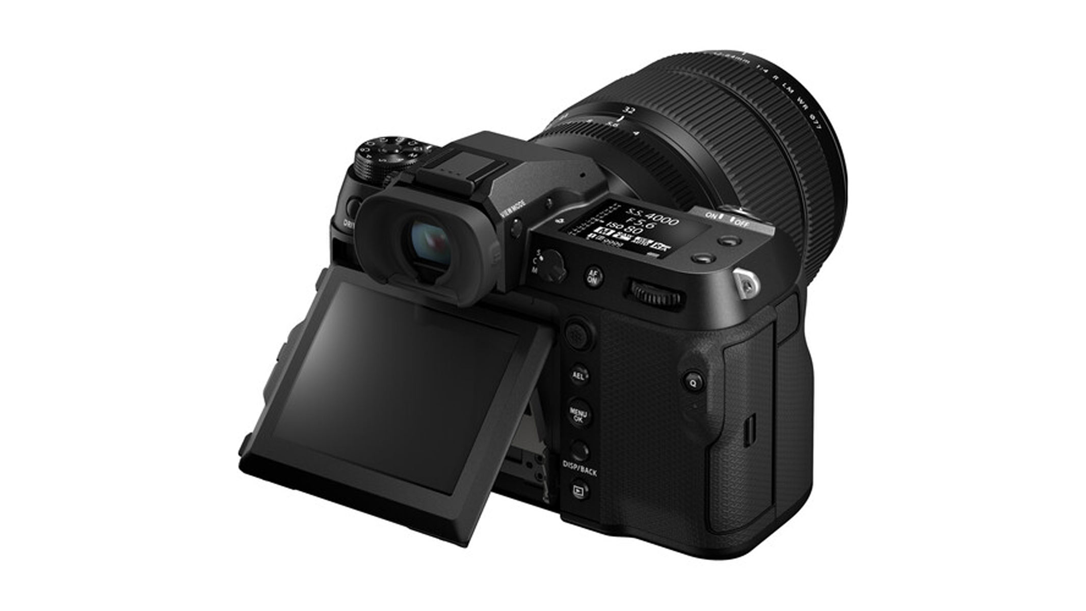 The Fujifilm GFX100S II with its screen tilted