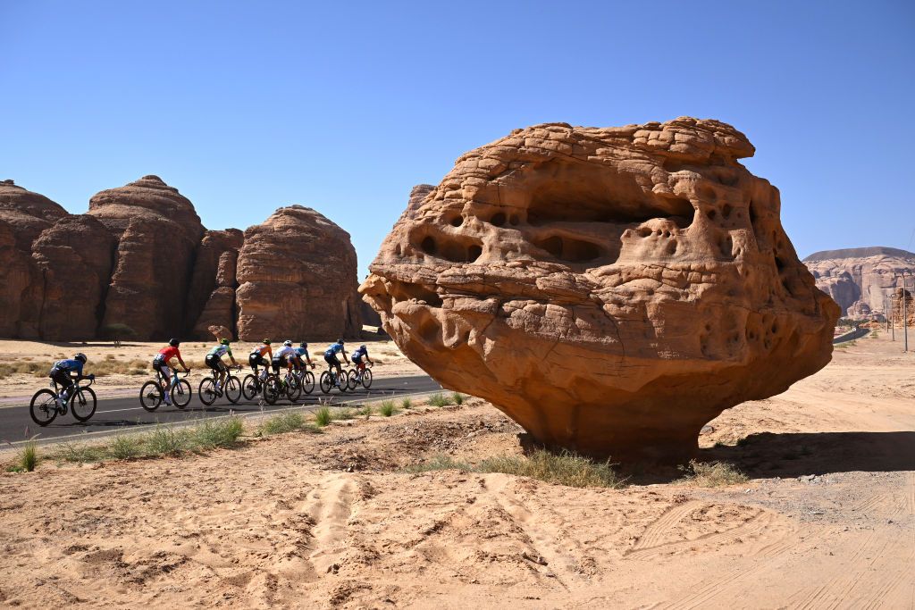 SKYVIEWS OF HARRAT UWAYRID SAUDI ARABIA JANUARY 31 Alessandro Romele of Italy and XDS Astana Team Yuma Koishi of Japan and JCL Team Ukyo Alexandr Vinokurov of Kazakhstan and XDS Astana Team Muhammad Shahmir Aiman Abd Halim of Malaysia and Terengganu Cycling Team Andreas Miltiadis of Cyprus and Team Roojai Insurance Henri Francois Renard Haquin of France and Team Wagner Bazin WB Kongphob Thimachai of Thailand and Team Roojai Insurance and Jens Reynders of Belgium and Team Wagner Bazin WB Orange Most Active Rider Jersey compete in the breakaway during the 5th AlUla Tour 2025 Stage 4 a 1409km stage from Maraya to Skyviews of Harrat Uwayrid 1159m on January 31 2025 in Skyviews of Harrat Uwayrid Saudi Arabia Photo by Szymon GruchalskiGetty Images