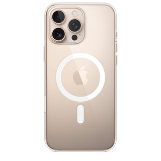 Apple iPhone 16 Pro Max in rose gold with magsafe case, rear view with cameras showing on white background