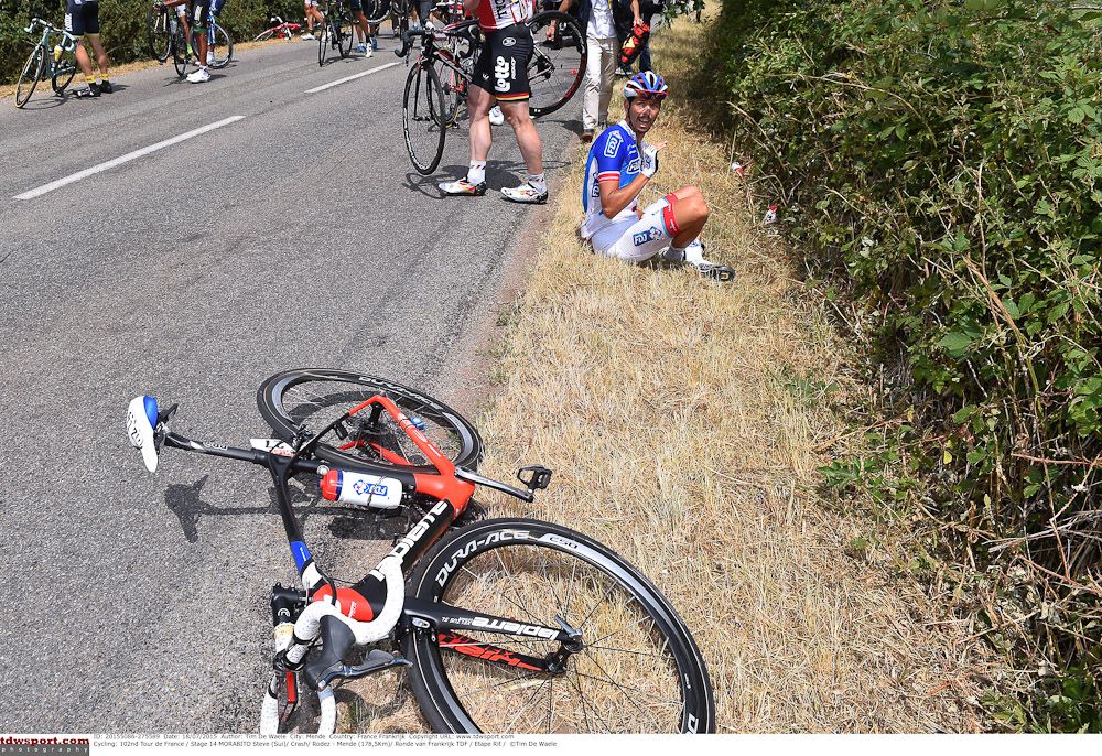 Steve Morabito crashed during stage 14.